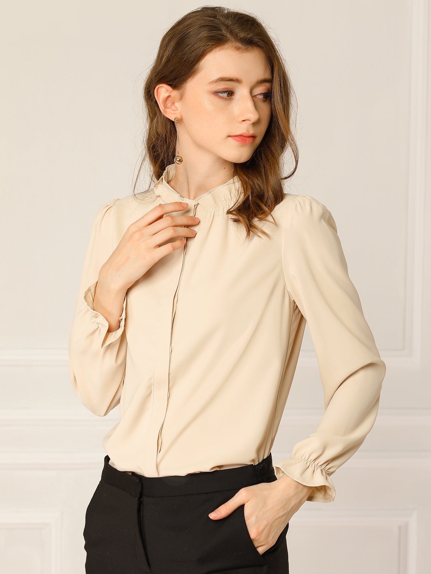 Women's Elegant Ruffled Collar Long Sleeve Chiffon Button Down Blouse Shirt