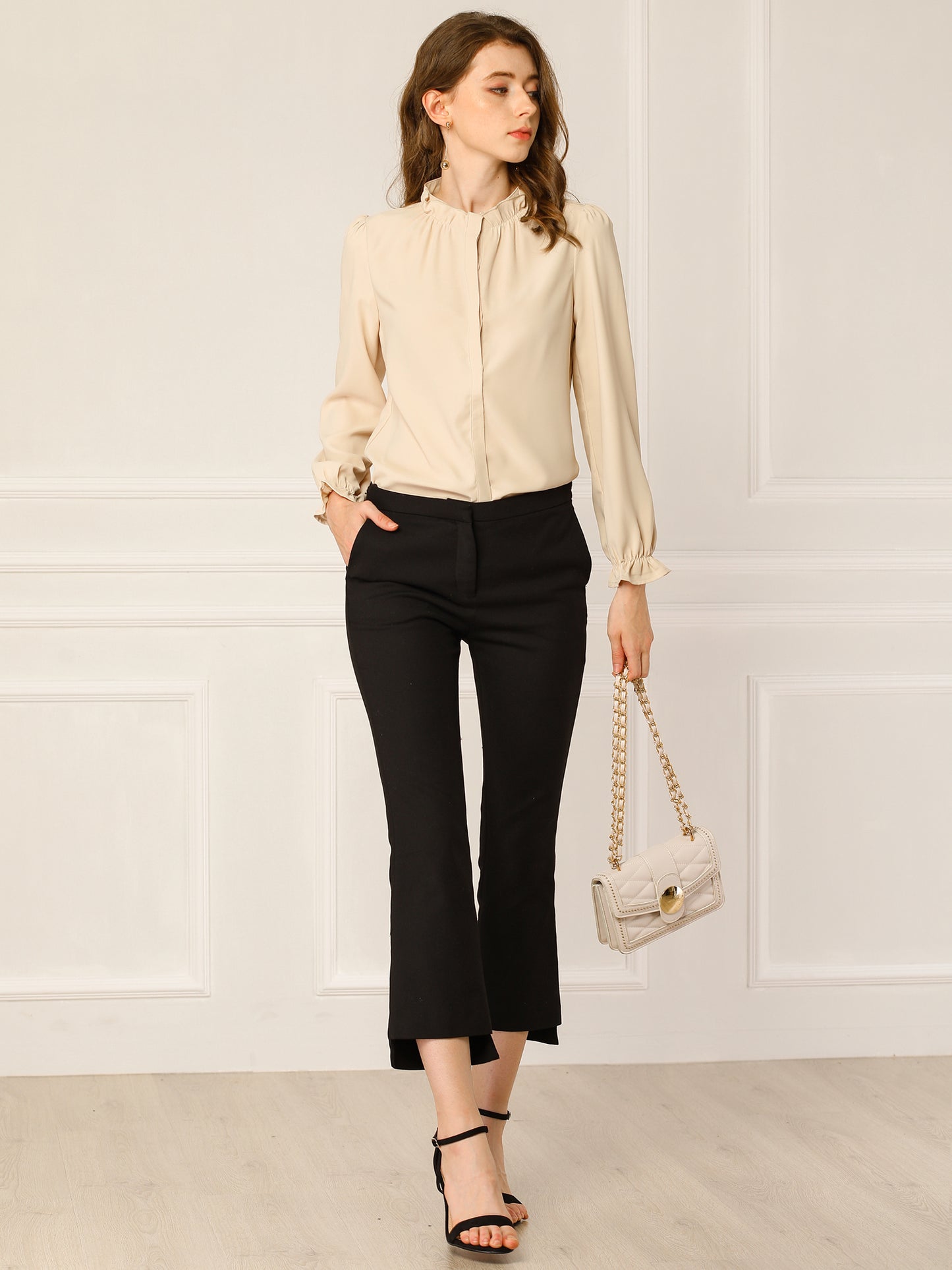 Women's Elegant Ruffled Collar Long Sleeve Chiffon Button Down Blouse Shirt