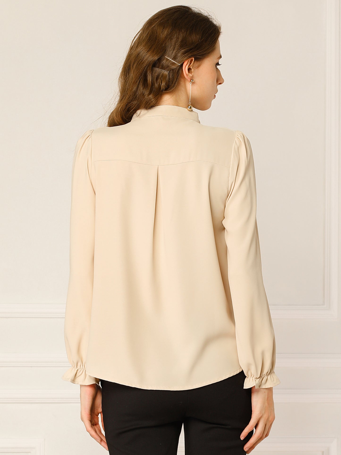 Women's Elegant Ruffled Collar Long Sleeve Chiffon Button Down Blouse Shirt