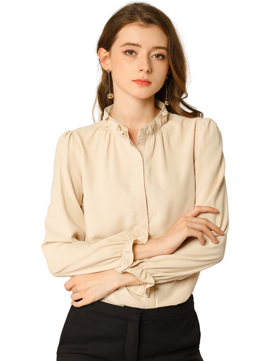 Women's Elegant Ruffled Collar Long Sleeve Chiffon Button Down Blouse Shirt