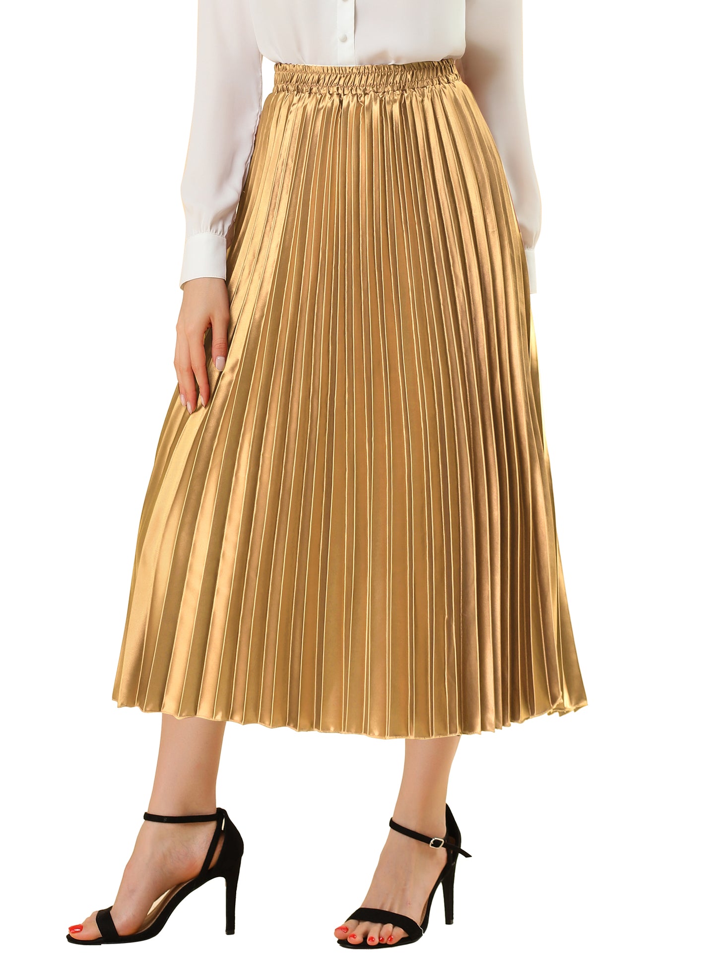 Women's Pleated Elastic Waist Metallic Shiny Accordion Elegant Midi Skirt (Available in Plus Size)