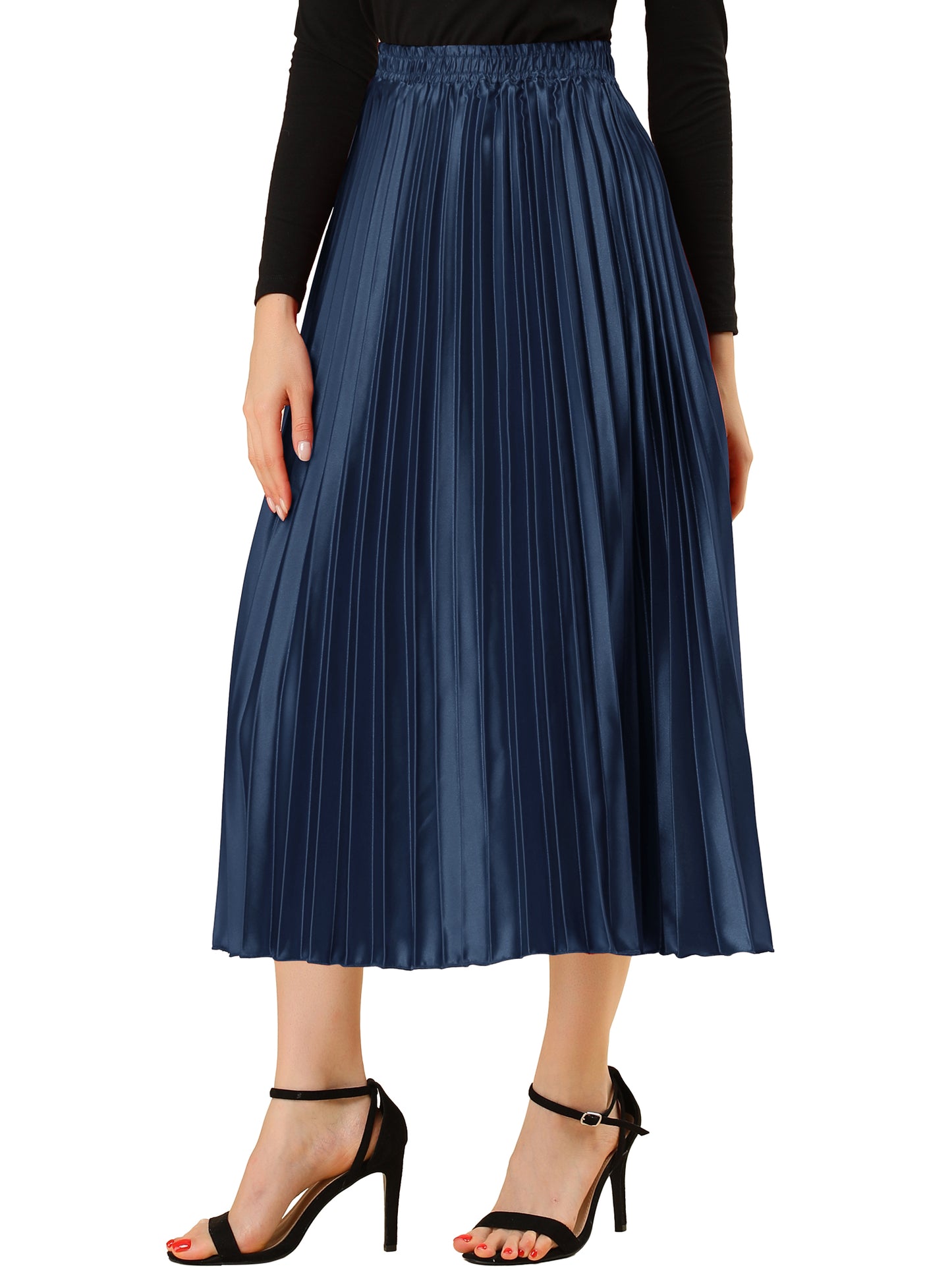 Women's Pleated Elastic Waist Metallic Shiny Accordion Elegant Midi Skirt (Available in Plus Size)