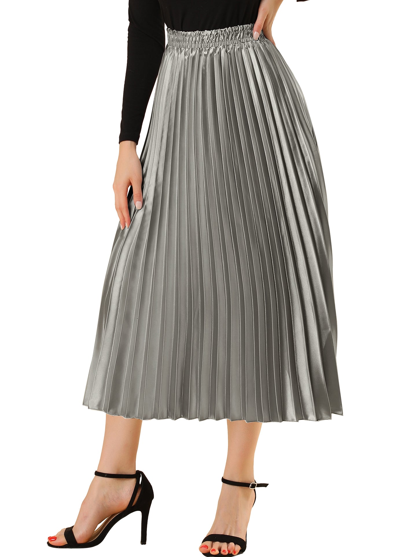 Women's Pleated Elastic Waist Metallic Shiny Accordion Elegant Midi Skirt (Available in Plus Size)