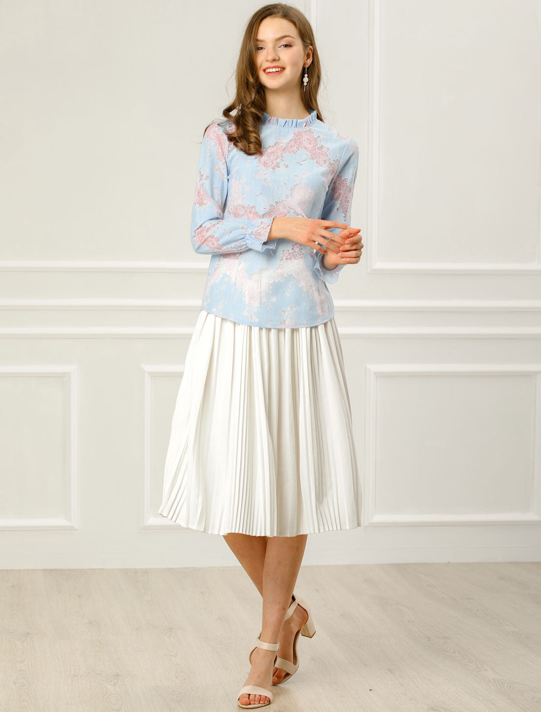 Women's Elegant See Through Top Ruffle Frill Neck Long Sleeve Floral Lace Blouse