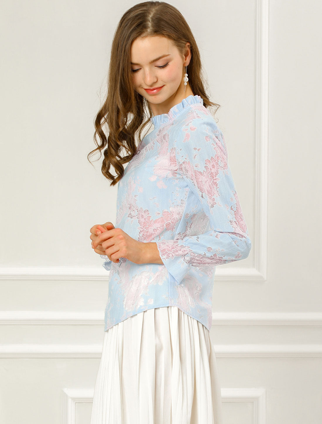 Women's Elegant See Through Top Ruffle Frill Neck Long Sleeve Floral Lace Blouse