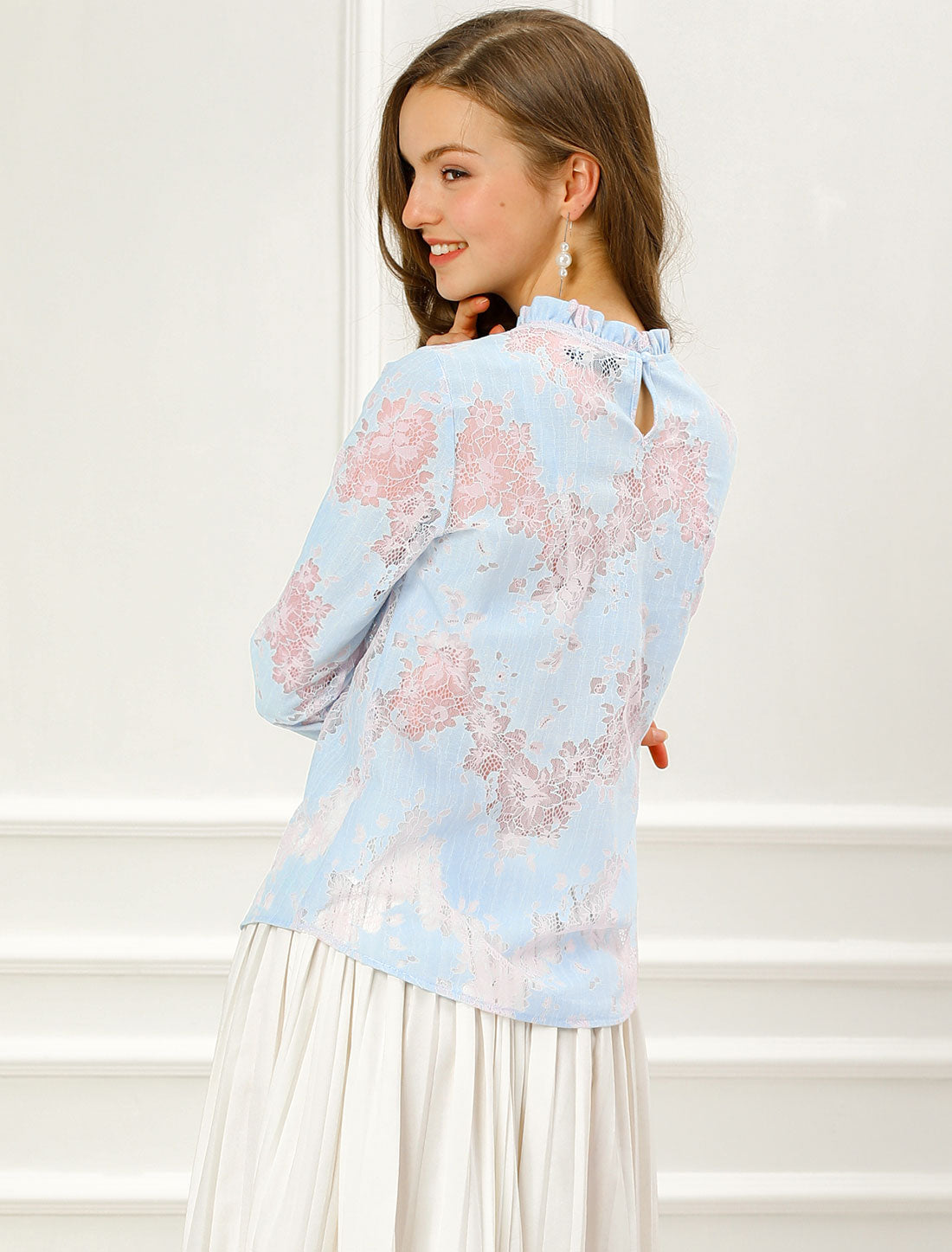 Women's Elegant See Through Top Ruffle Frill Neck Long Sleeve Floral Lace Blouse