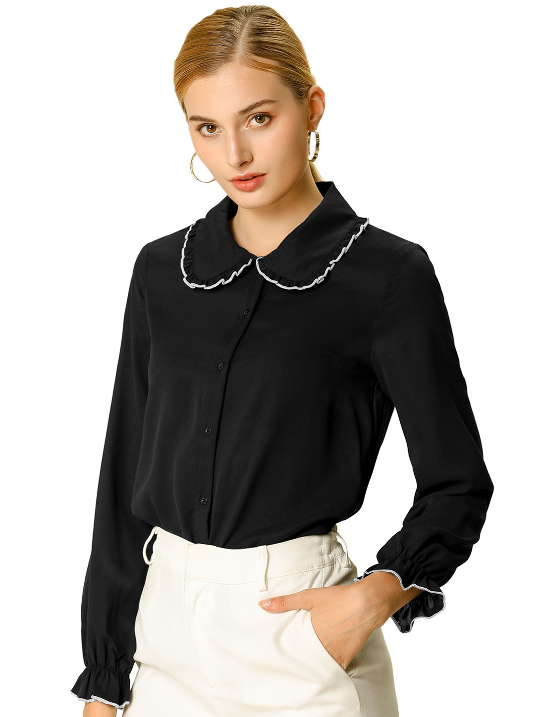 Women's Long Sleeve Sweet Ruffle Peter Pan Collar Button Down Shirt (Available in Plus Size)