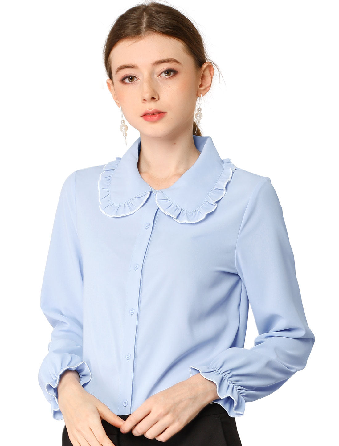 Women's Long Sleeve Sweet Ruffle Peter Pan Collar Button Down Shirt (Available in Plus Size)