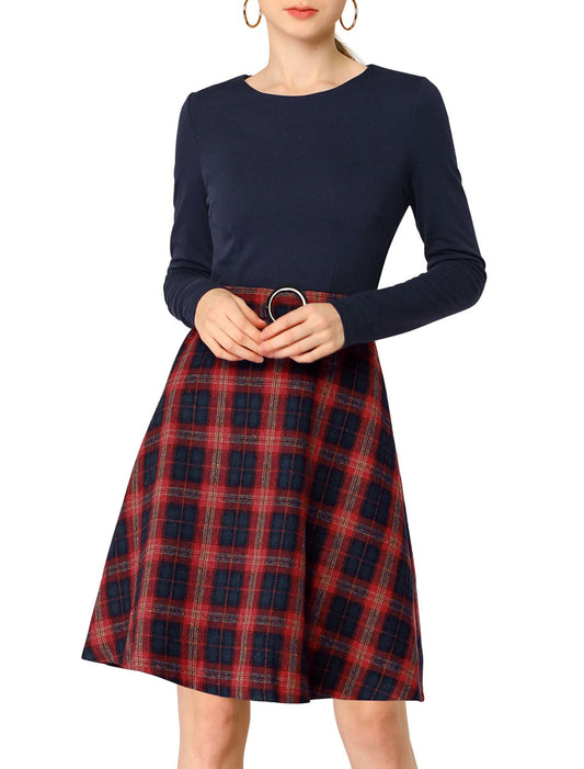 Women's Plaid Long Sleeve Round Neck Belted Tartan A-Lined Dress