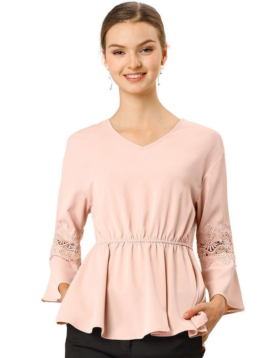 Blusa peplum con escote en V y encaje de crochet para mujer para oficina