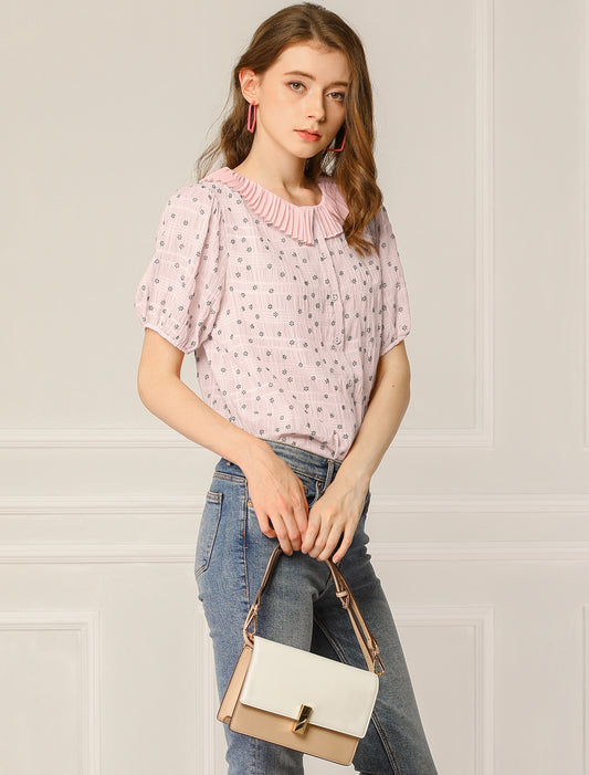 Blusa informal de manga corta con botones y cuello plisado para mujer, estilo diario, con estampado floral