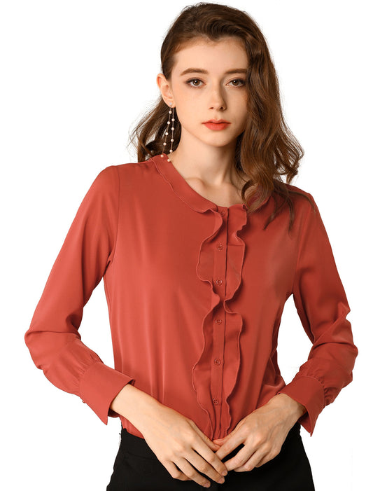 Blusa informal de manga larga con volantes y botones para mujer