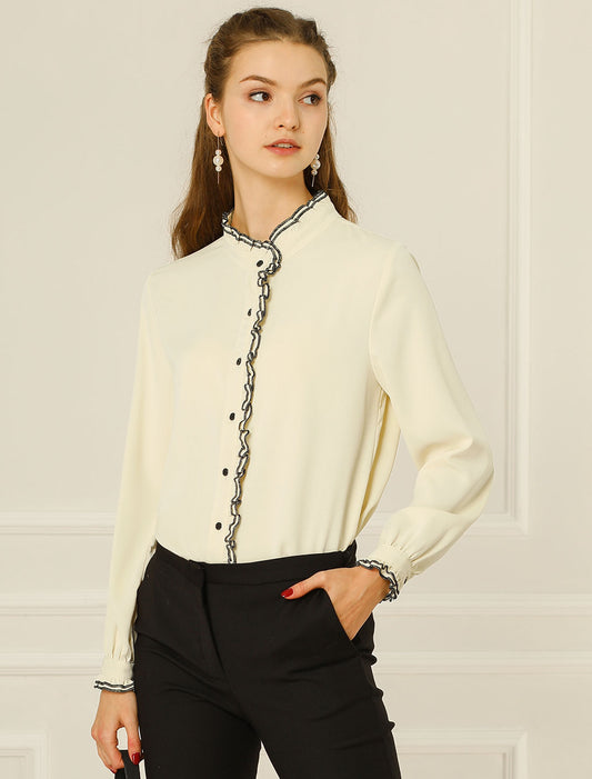 Women's Button Down Shirt Ruffled Stand Collar Chiffon Top