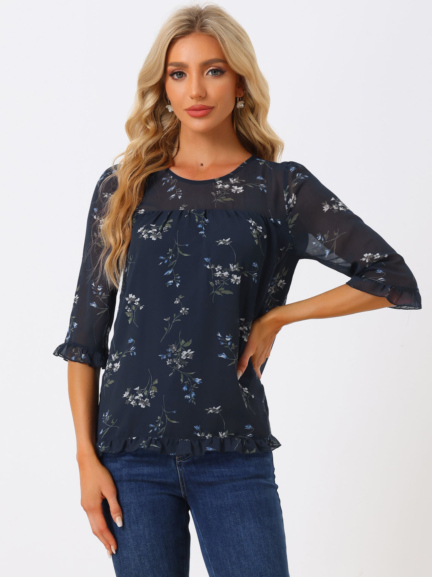 Women's Casual Ruffle 3/4 Sleeve Floral Print Chiffon Blouse (Available in Plus Size)