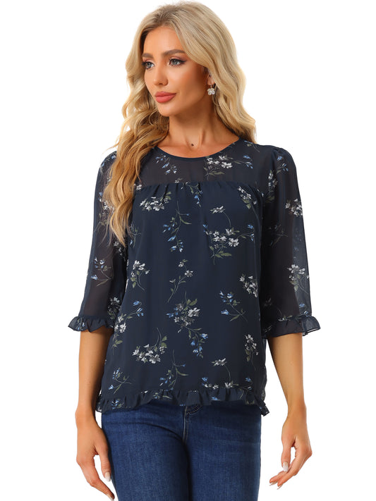 Women's Casual Ruffle 3/4 Sleeve Floral Print Chiffon Blouse (Available in Plus Size)