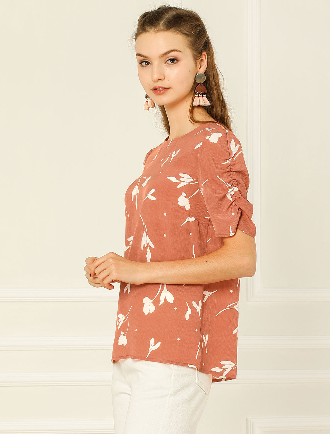 Women's Floral Crew Neck Summer Shirred Short Sleeve Blouse (Available in Plus Size)