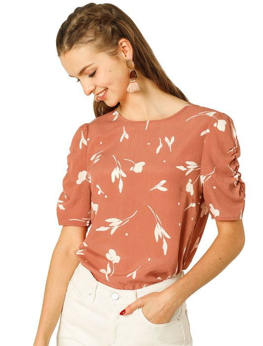 Women's Floral Crew Neck Summer Shirred Short Sleeve Blouse (Available in Plus Size)