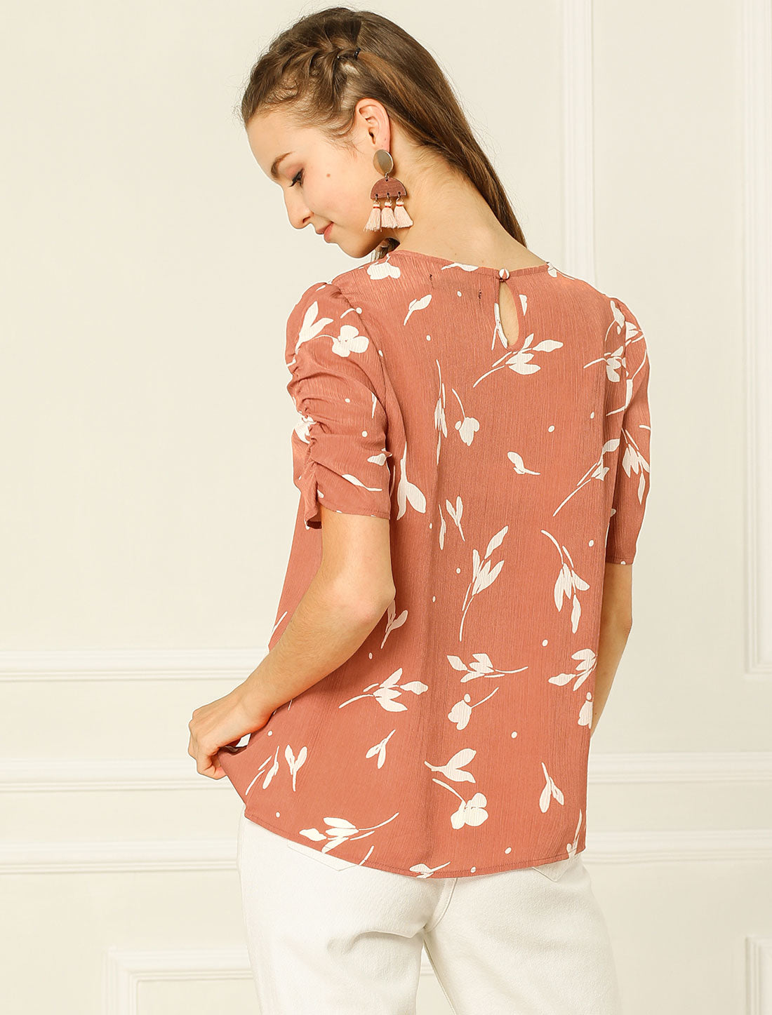 [PACK SALES] Women's 2 Pieces Elegant Crew Neck Shirred Sleeve Keyhole Back Floral Blouse