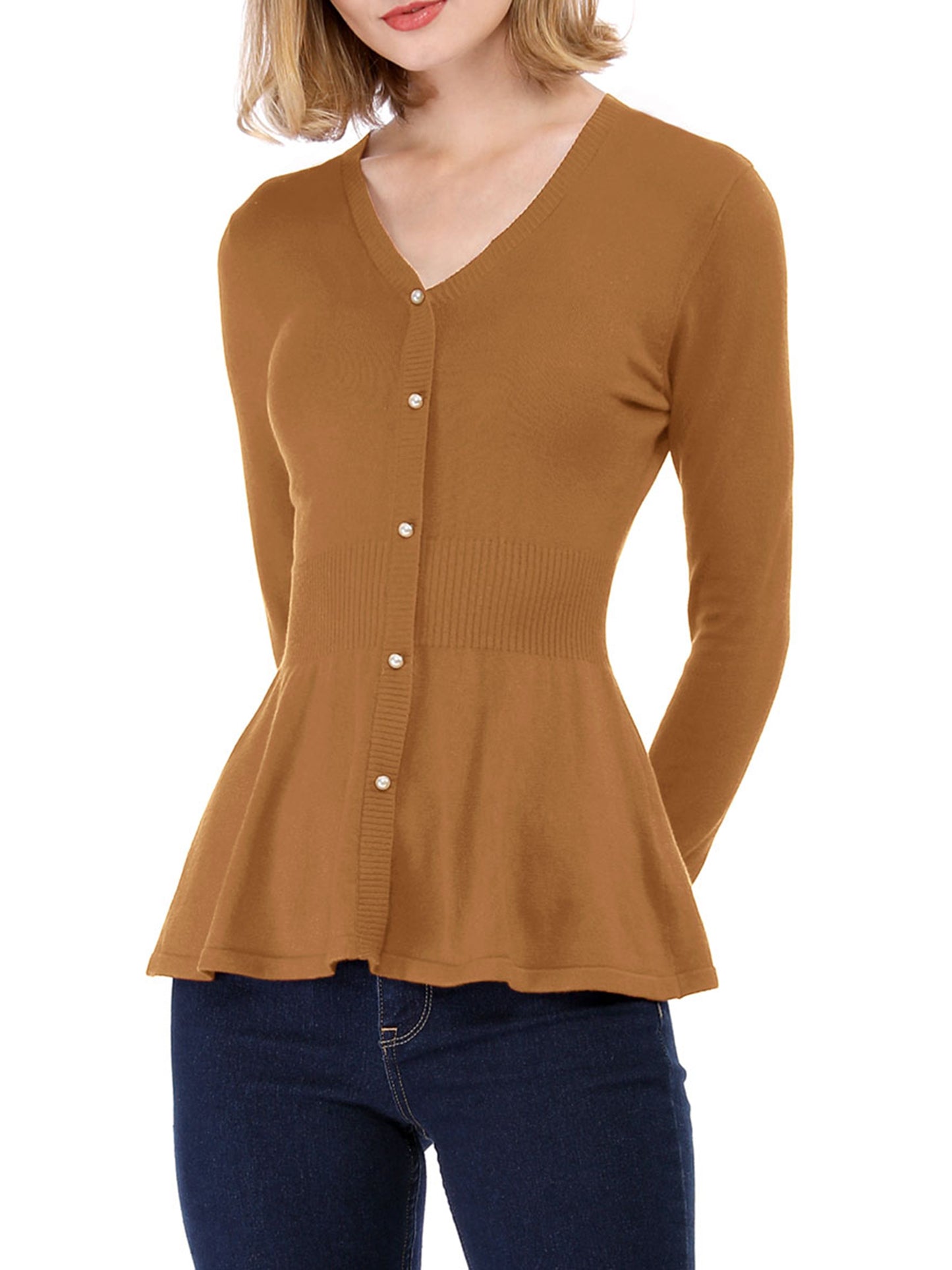 Women's Peplum Sweater V Neck Long Sleeve Knit Cinched Waist tops
