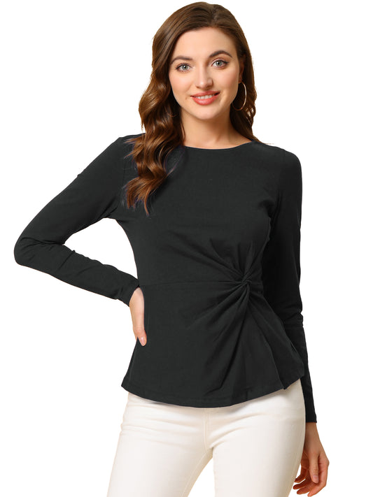 Camiseta fruncida de manga larga con cuello redondo y giro frontal para mujer