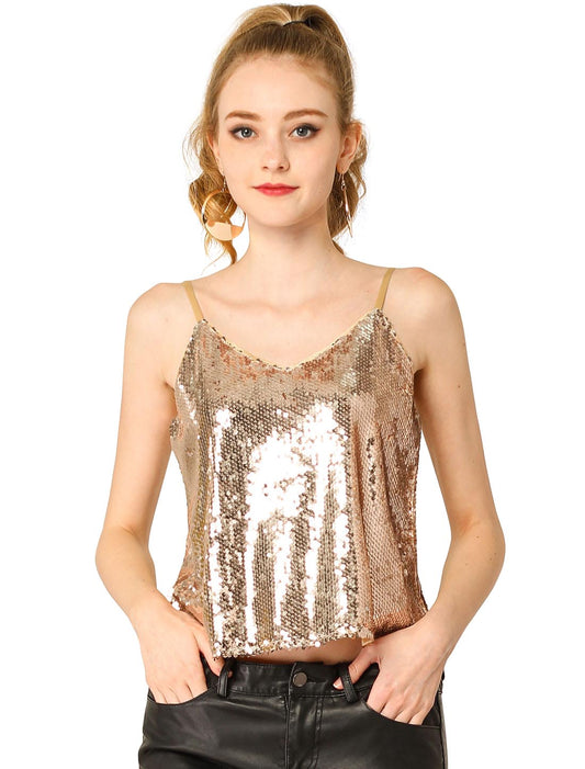 Women's Sequined Shining Camisole Club Party Glitter Disco Sparkle Cami Top
