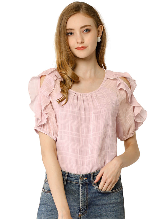 Women's Ruffled Boat Neck Chiffon Out Shoulder Short Sleeve Blouse