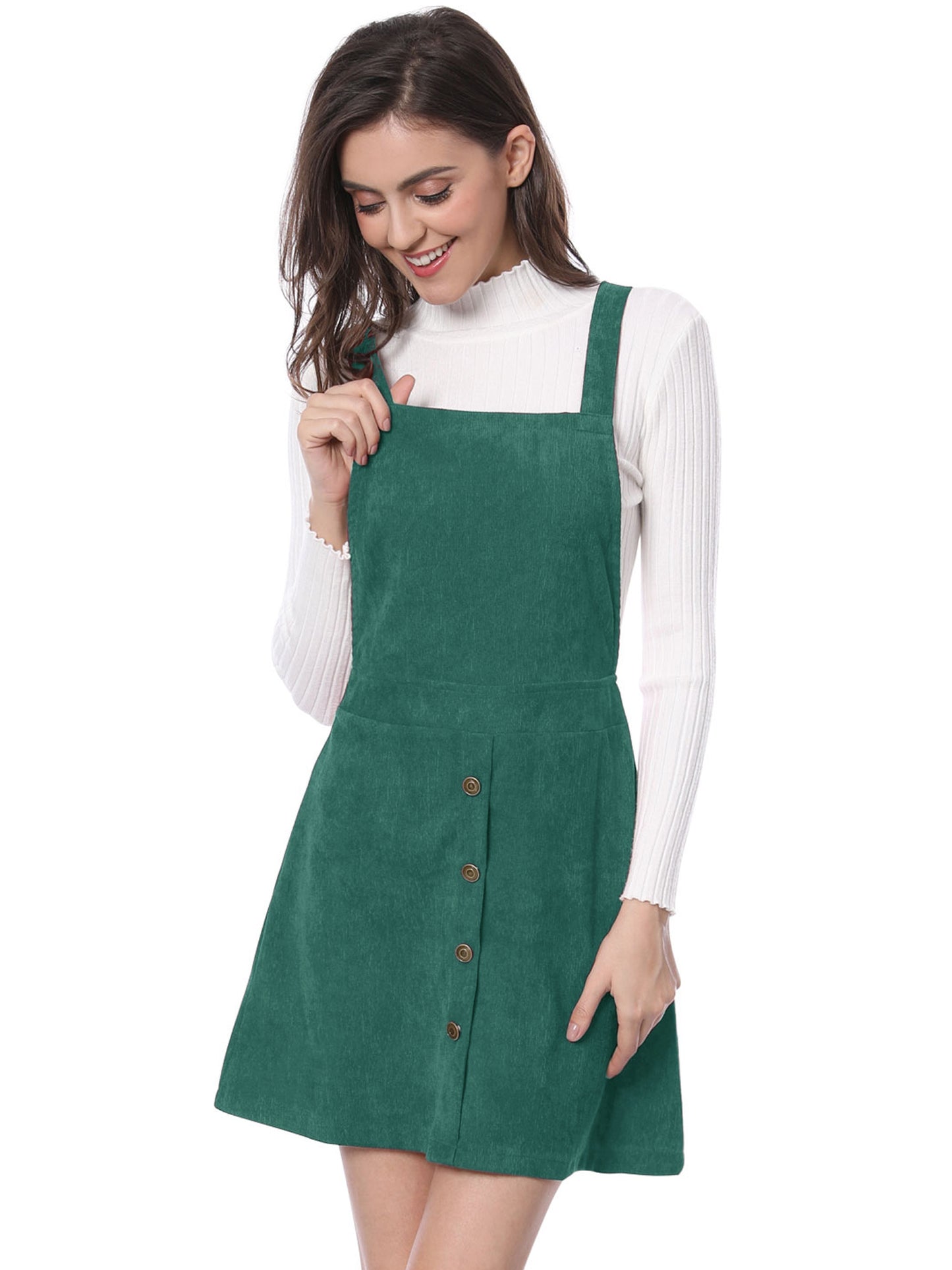 Vestido tipo pichi de pana con botones en la parte delantera, corte A y pechera para mujer