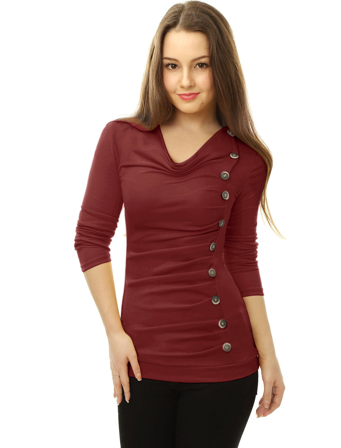 Women's Cowl Neck Long Sleeves Buttons Decor Ruched Top