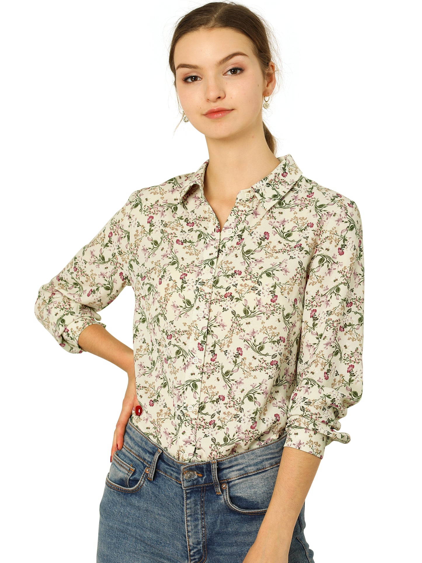 Women's Long Sleeve Button Down Ditsy Floral Shirt (Available in Plus Size)