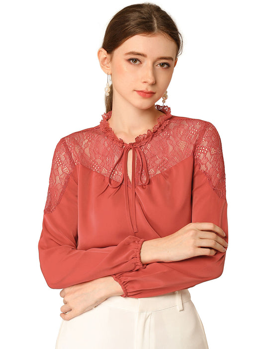 Women's Elegant Lace Self Tie Neck Ruffle Lightweight Chiffon Long Sleeve Blouse Top