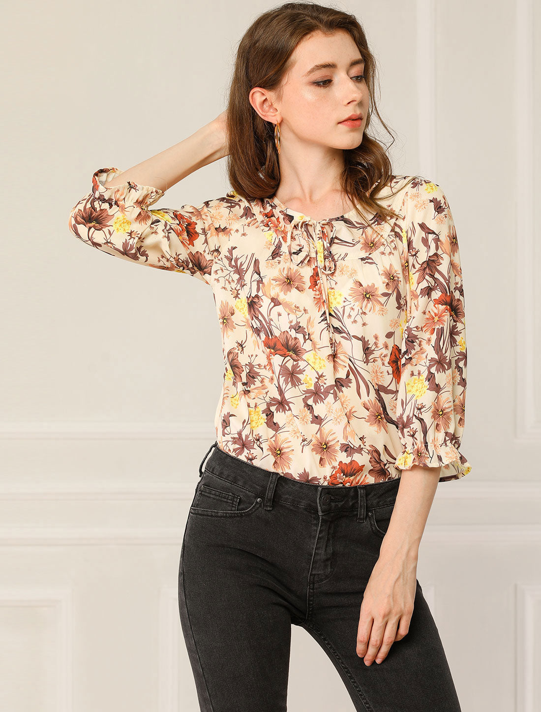 Women's Tie Neck 3/4 Sleeve Floral Blouse Bow Top