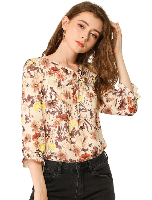 Women's Tie Neck 3/4 Sleeve Floral Blouse Bow Top