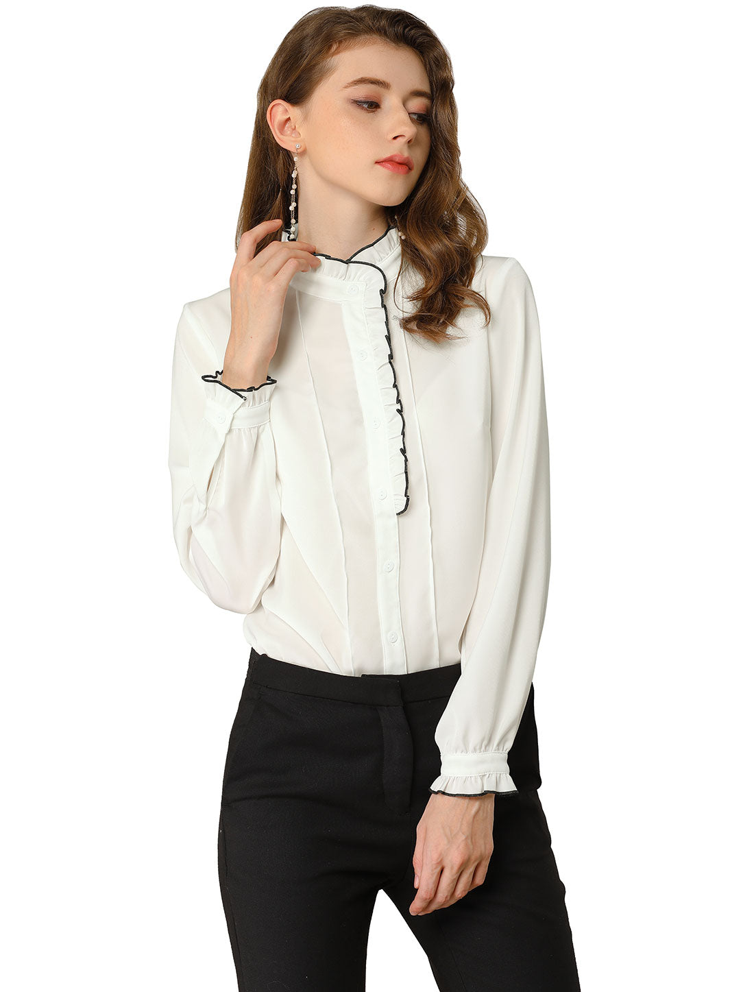 Women's Work Office Long Sleeve Chiffon Ruffled Collar Henley Blouse Shirt