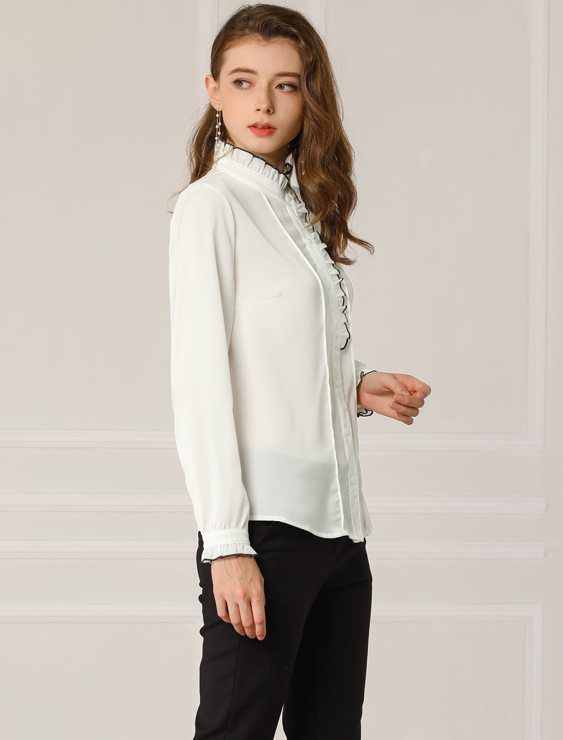 Women's Work Office Long Sleeve Chiffon Ruffled Collar Henley Blouse Shirt