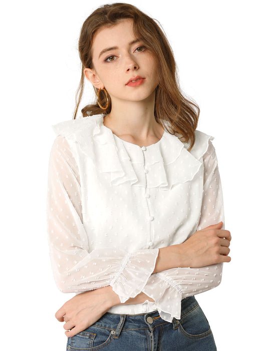 Women's Swiss Dots Bracelet Sleeves Chiffon Boho Ruffle Neck Blouse