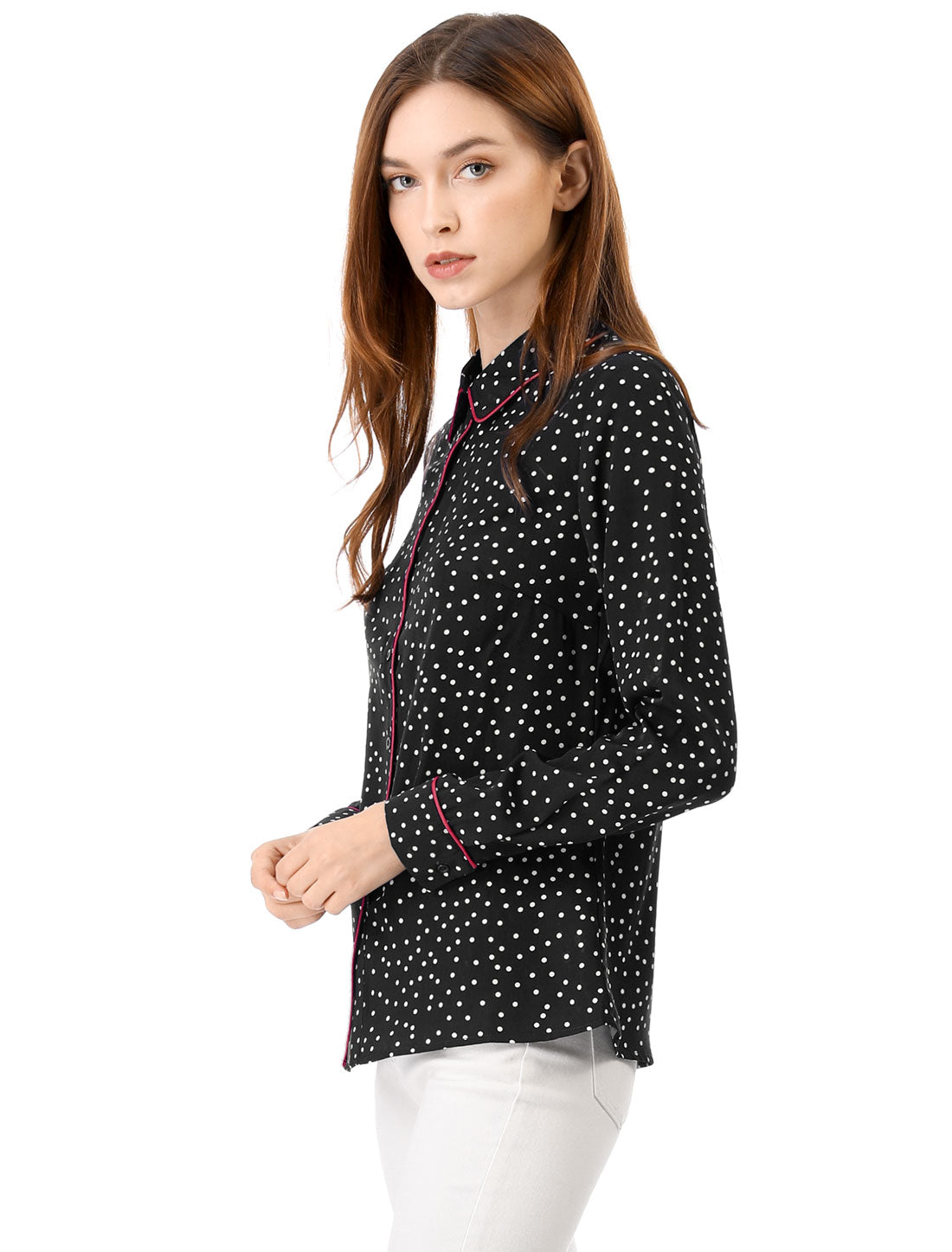 Women's Printed Long Sleeve Piped Button Down Office Shirt