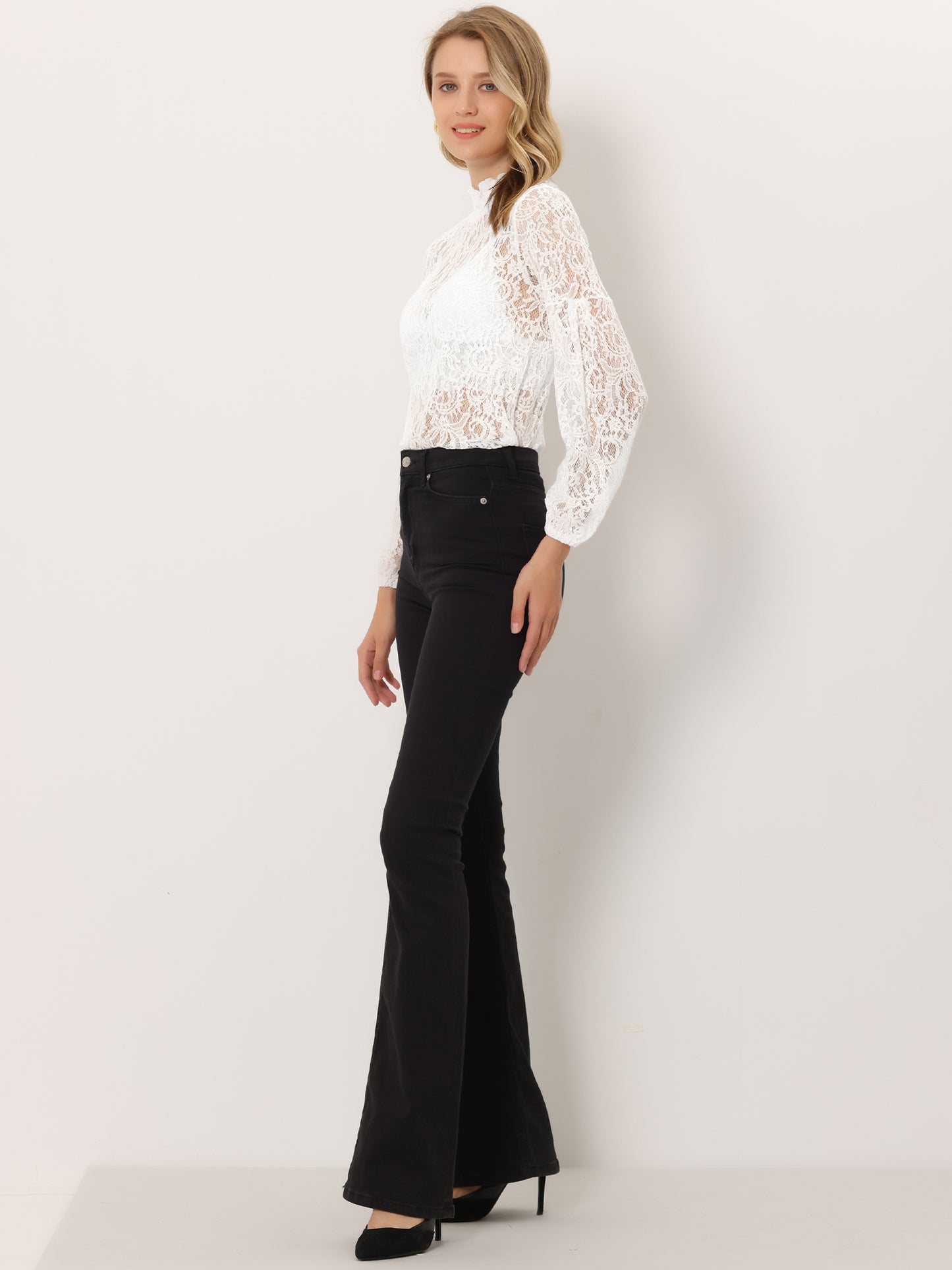 Women's Floral Lace Turtleneck Puff Long Sleeve See Through Sheer Blouse (Available in Plus Size)