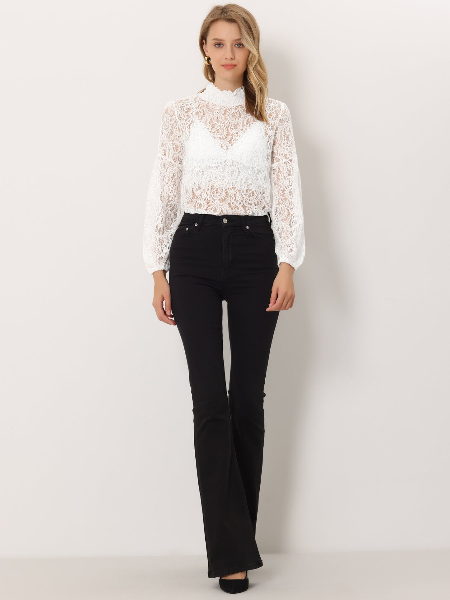 Women's Floral Lace Turtleneck Puff Long Sleeve See Through Sheer Blouse (Available in Plus Size)