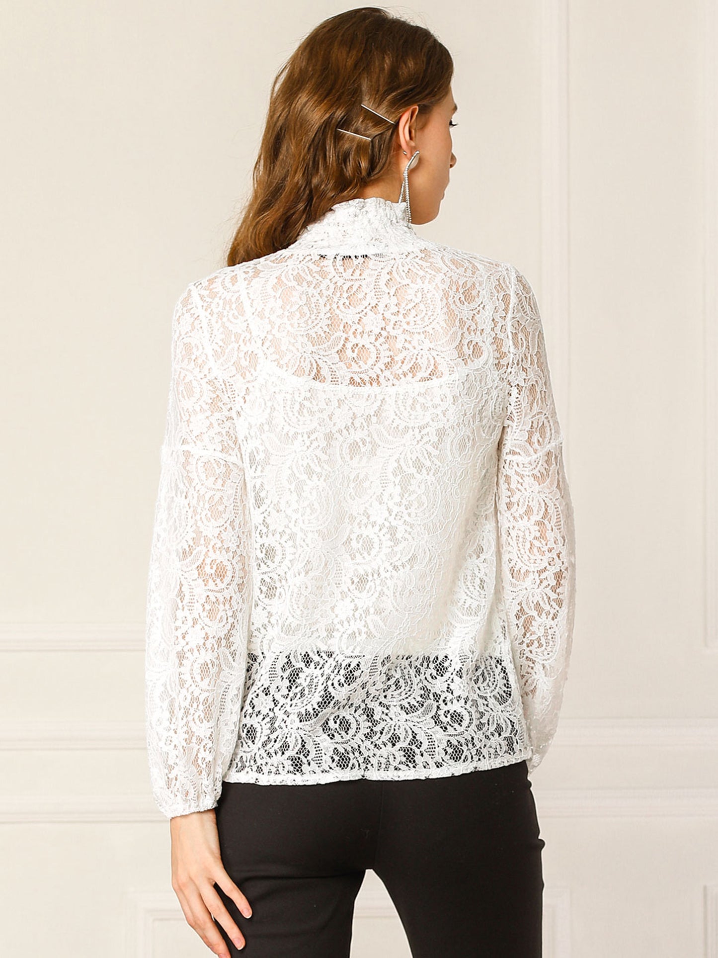 Women's Floral Lace Turtleneck Puff Long Sleeve See Through Sheer Blouse (Available in Plus Size)