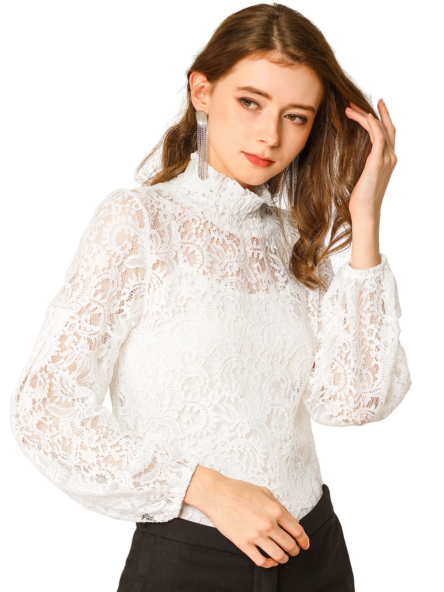 Women's Floral Lace Turtleneck Puff Long Sleeve See Through Sheer Blouse (Available in Plus Size)