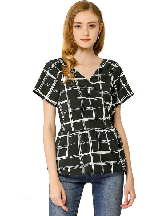 Women's V Neck Drawstring Waist Plaid Short Sleeve Peplum Wrap Blouse