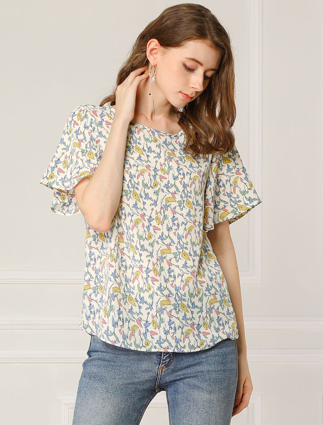 Women's Floral Chiffon Summer Flutter Sleeve Blouse