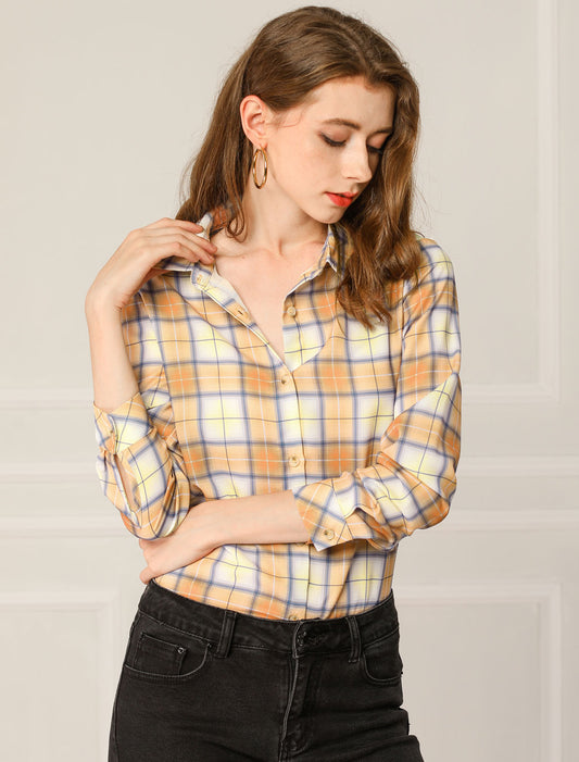 Women's Casual Long Sleeves Button Up Plaid Shirt