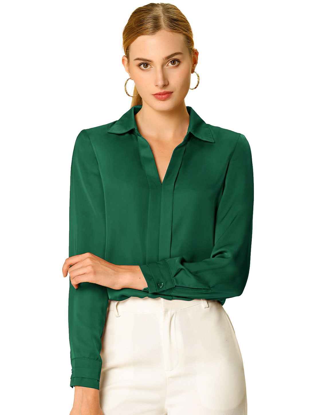 Women's Elegant V Neck Satin Long Sleeve Dressy Business Shirt Work Top (Available in Plus Size)