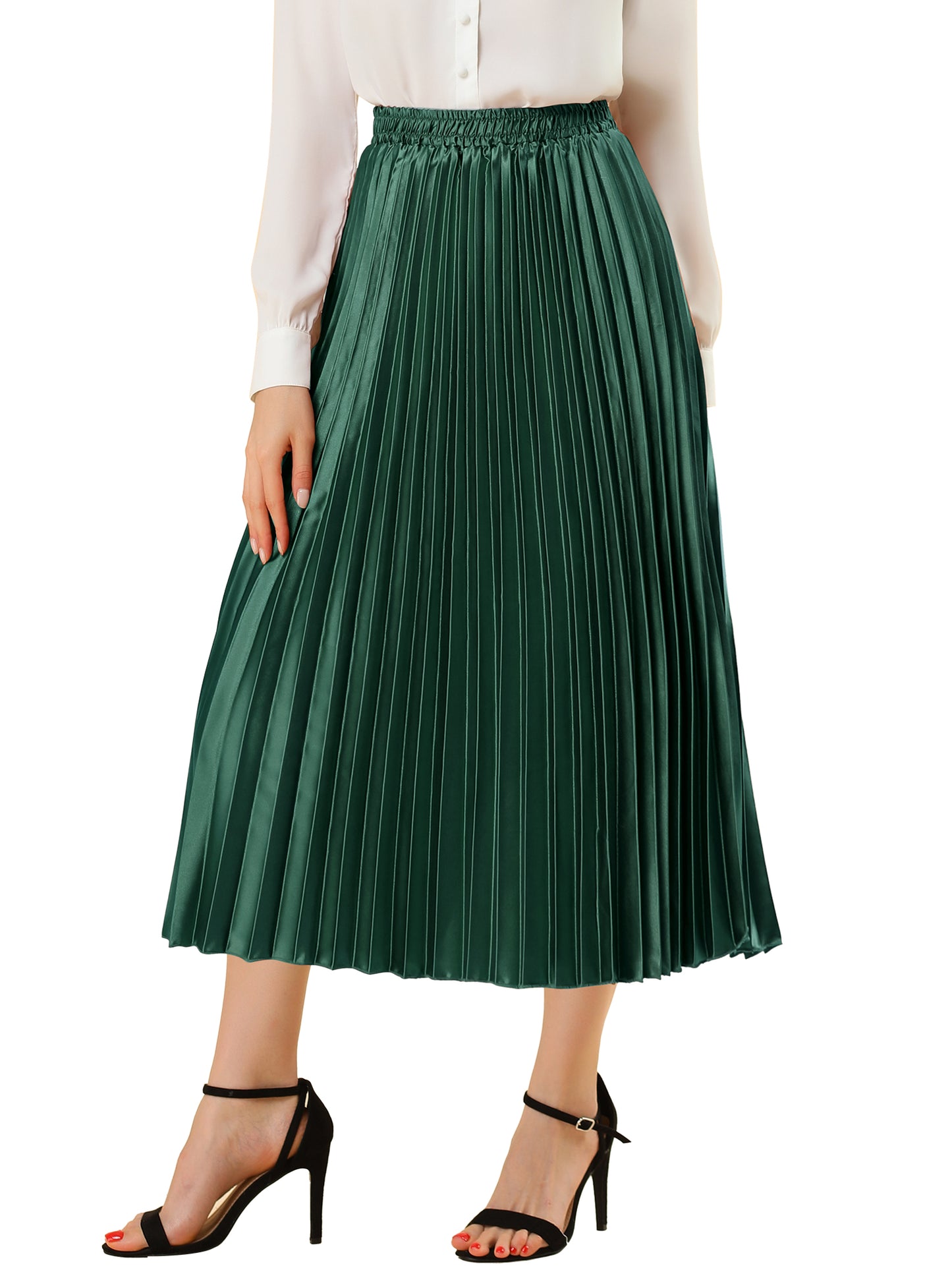 Women's Pleated Elastic Waist Metallic Shiny Accordion Elegant Midi Skirt (Available in Plus Size)