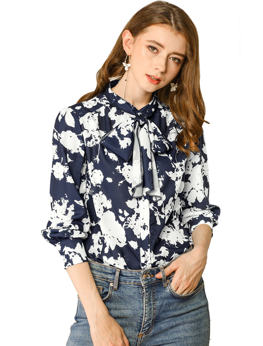 Women's Bow Tie Long Sleeve Floral Blouse