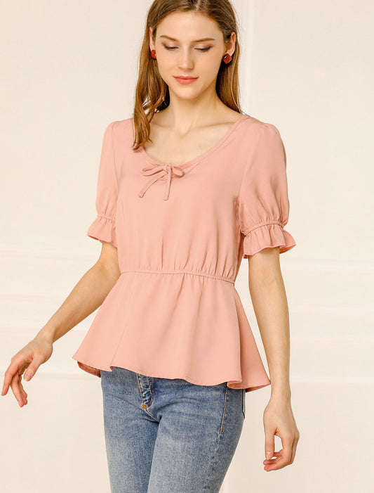 Women's Peplum Top Elastic Waist Scoop Neck Short Puff Sleeve Blouse
