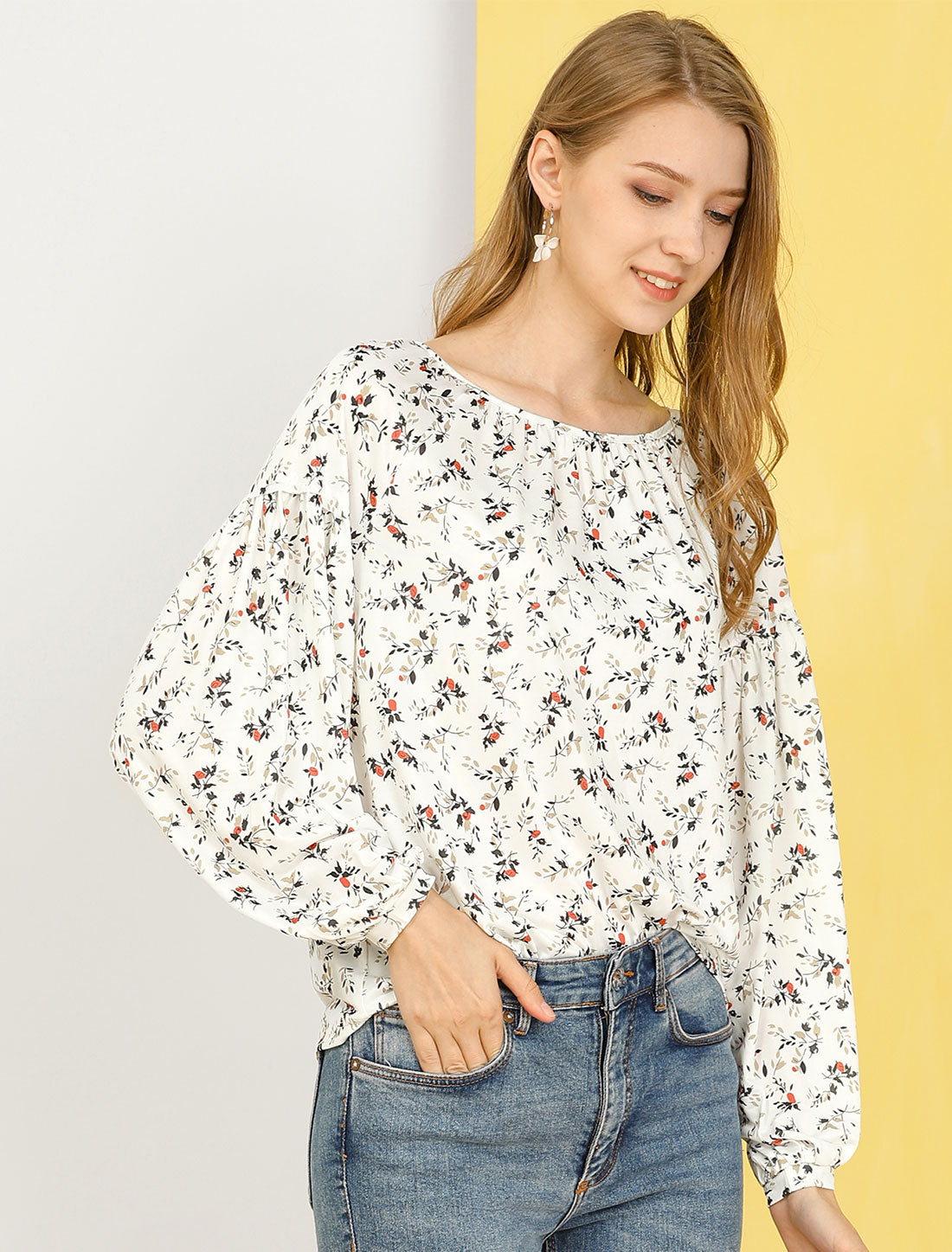 Women's Floral Bishop Long Sleeves Round Neck Casual Blouse Top