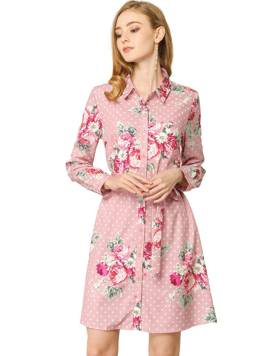Women's Button Down Collar Tie Belted Print Shirt Dress