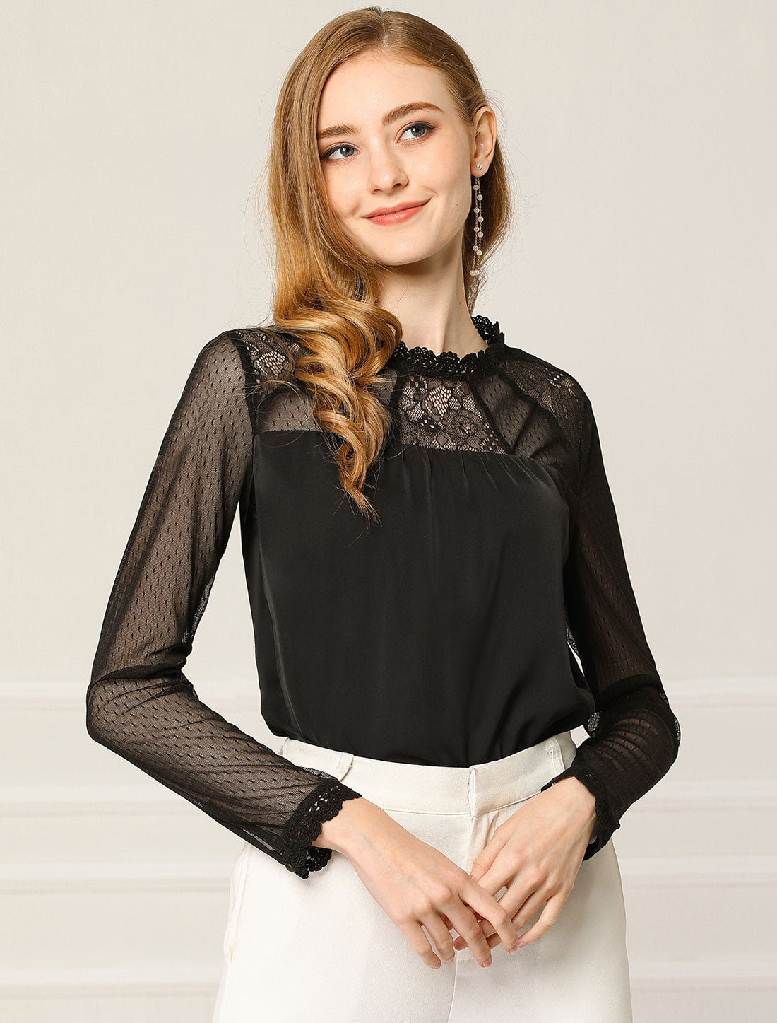 Women's Chiffon Top Elegant Sheer Mesh Lace Long Sleeve Blouse (Available in Plus Size)